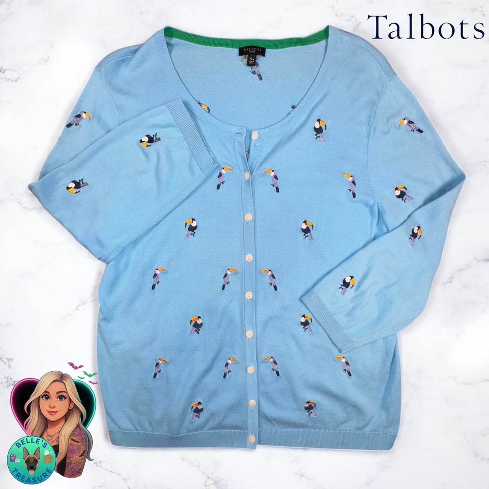 Talbots Womens XL Petite Blue Toucan Embroidered Cardigan Sweater Teacher Career